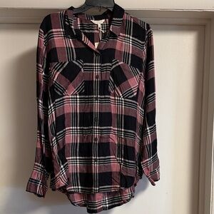 Lucky Brand Pink and Black Plaid Button-Down Shirt